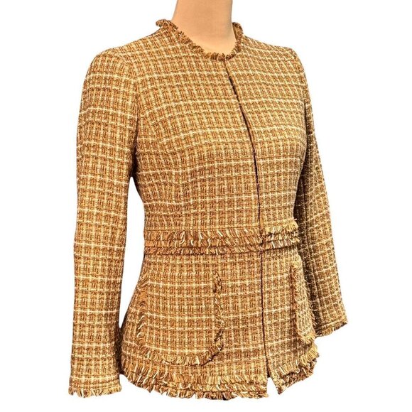 Brooks Brothers Tweed Blazer Sz.6 Tan Fitted Fringe Trim Career Old Money Classy - Picture 3 of 12